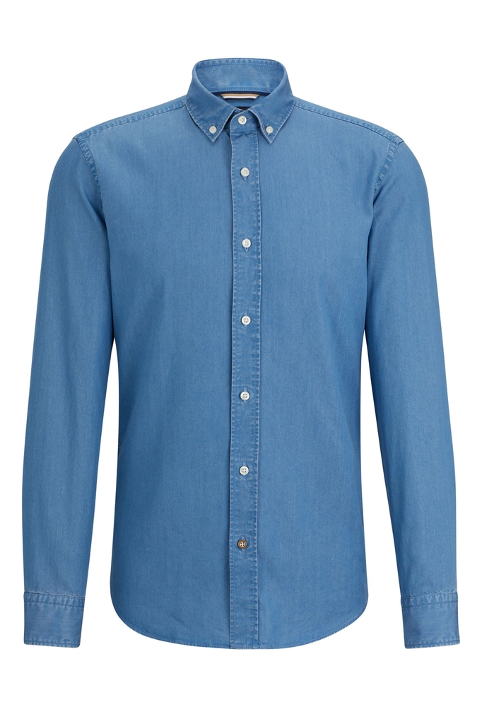 Hugo Boss Mens C-hal-bcd-c1-223 Long Sleeved Denim Shirt Bright Blue - Size 15.5 inch
